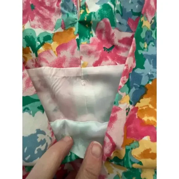 Ann Klein Medium Dress Floral Cotton V Neck Floral Tea Length Cottage Whimsy - Picture 10 of 15